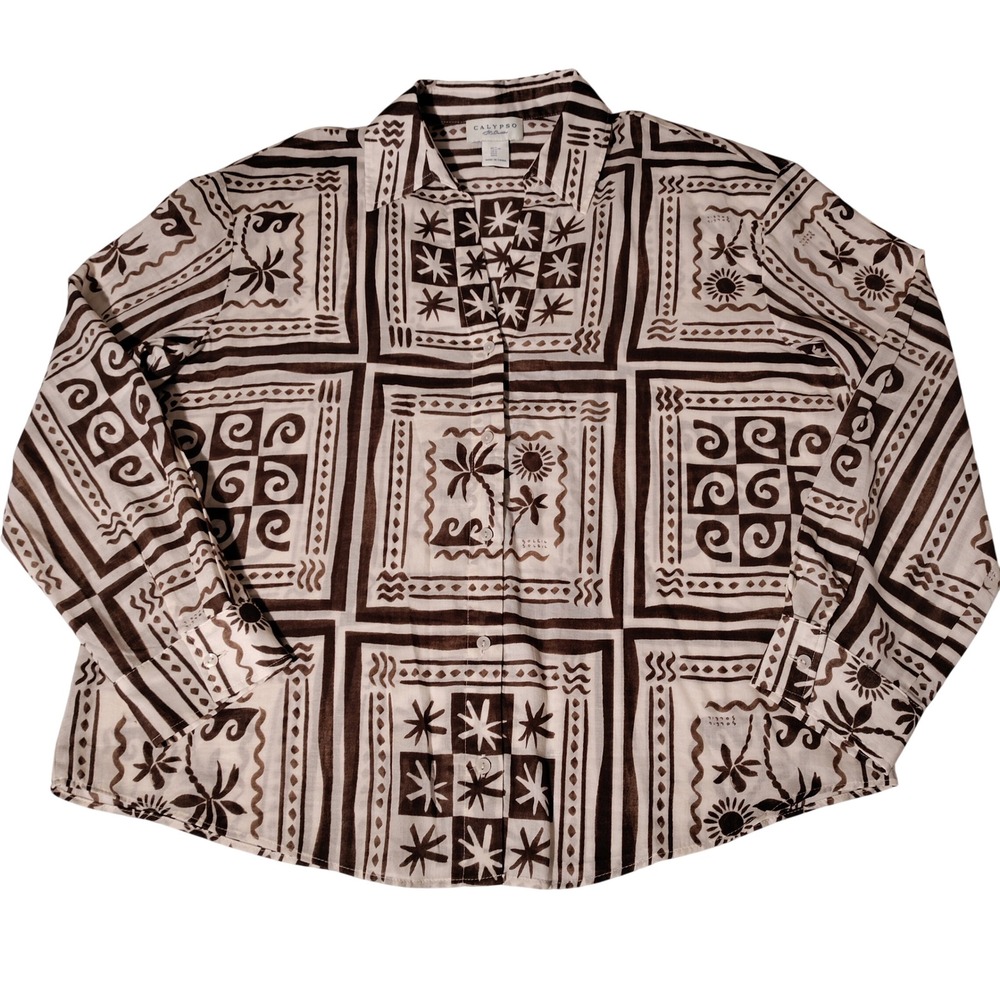 Calypso St. Barth Womens Large Brown Cream Geometric Tribal Cotton Button Shirt